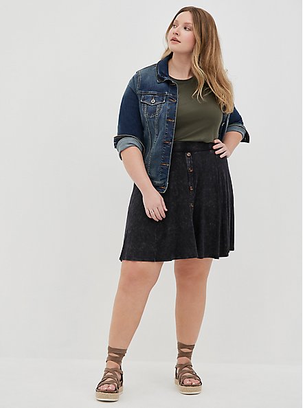 Button-Up Mini Skirt - Super Soft Wash Black, BLACK, alternate