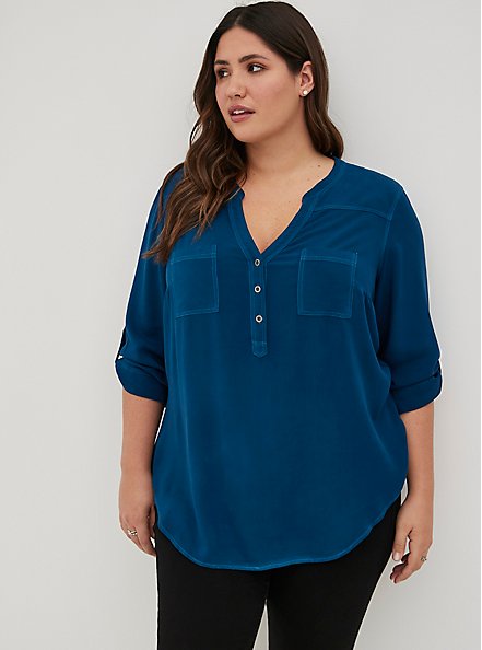 Plus Size Harper Pullover Blouse - Washed Twill Blue, POSEIDON, alternate