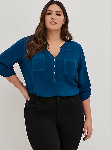 Plus Size Harper Pullover Blouse - Washed Twill Blue, POSEIDON, hi-res