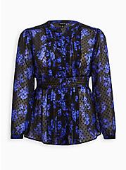 Lace Ruffle Blouse - Clip Dot Floral Black & Blue, FLORAL - BLUE, hi-res