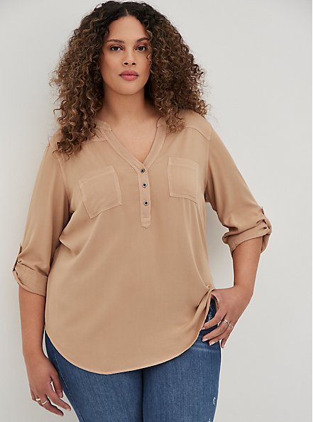Plus Size Harper Pullover Blouse - Washed Twill Taupe, TAUPE, hi-res