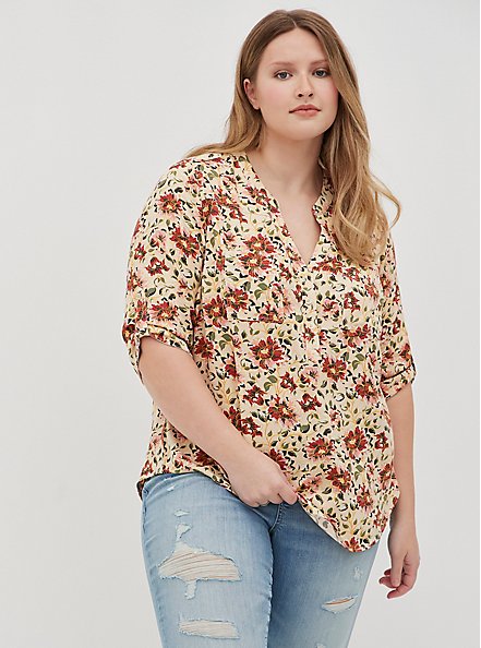 Plus Size Harper Pullover Blouse - Twill Floral Sand, FLORAL - TAUPE, alternate