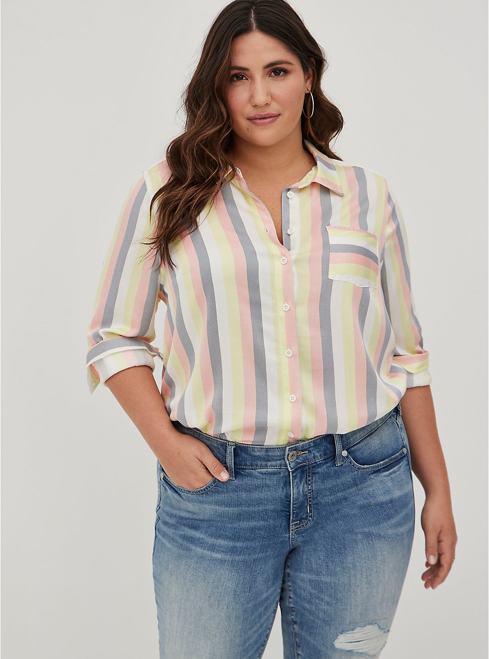 Plus Size Lizzie Button-Up Shirt - Stretch Challis Multi Stripe, STRIPE - MULTI, hi-res