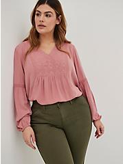 Crinkle Gauze Embroidered Top, DUSTY ROSE, hi-res