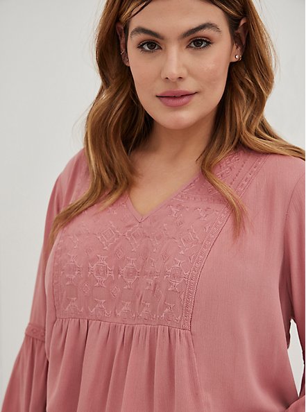 Plus Size Relaxed Fit Embroidered Blouse - Crinkle Gauze Dusty Rose, DUSTY ROSE, alternate