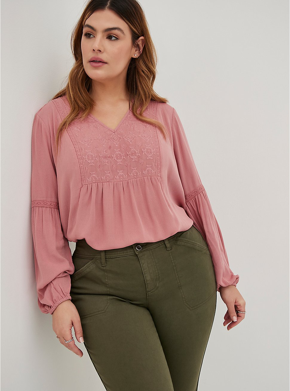 Plus Size Relaxed Fit Embroidered Blouse - Crinkle Gauze Dusty Rose, DUSTY ROSE, hi-res