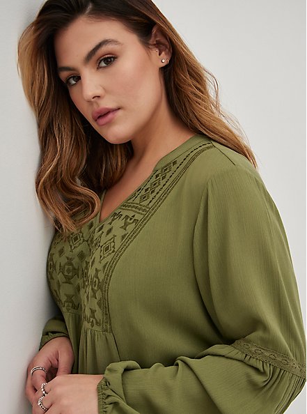 Plus Size Relaxed Fit Embroidered Blouse - Crinkle Gauze Green, OLIVE, alternate