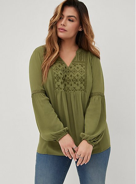 Plus Size Relaxed Fit Embroidered Blouse - Crinkle Gauze Green, OLIVE, hi-res