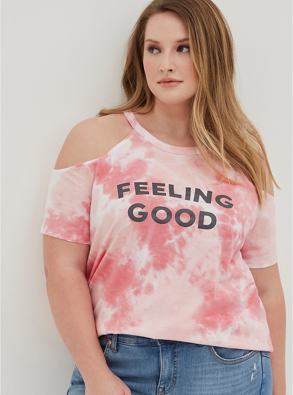Graphic Classic Fit Cotton Cold Shoulder Top, FEELING GOOD PINK DYE, hi-res