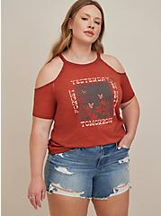 Graphic Classic Fit Cotton Cold Shoulder Top, YESTERDAY BROWN WASH, hi-res