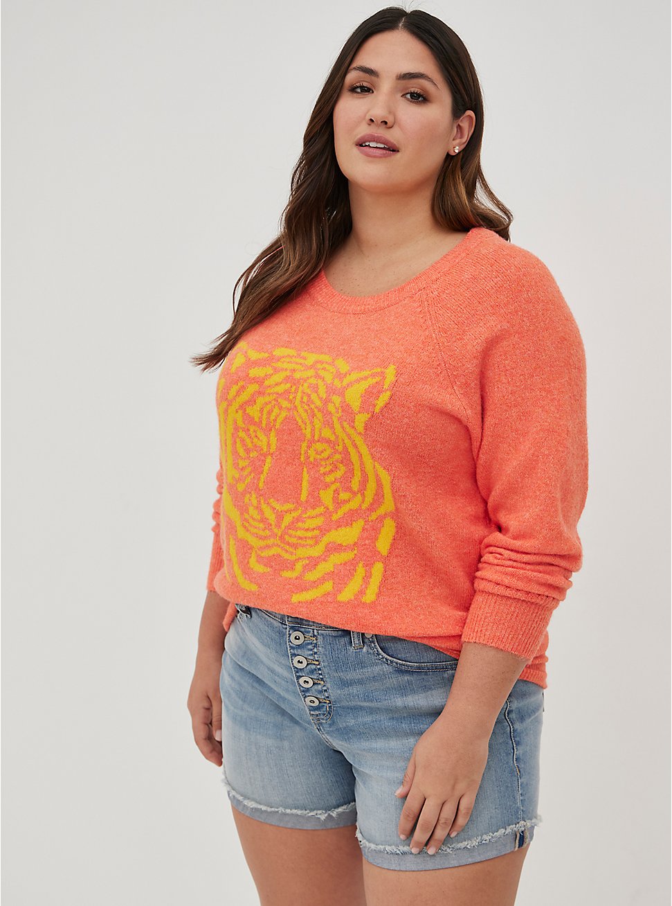 Plus Size Raglan Pullover Sweater - Coral Tiger, LIVING CORAL, hi-res