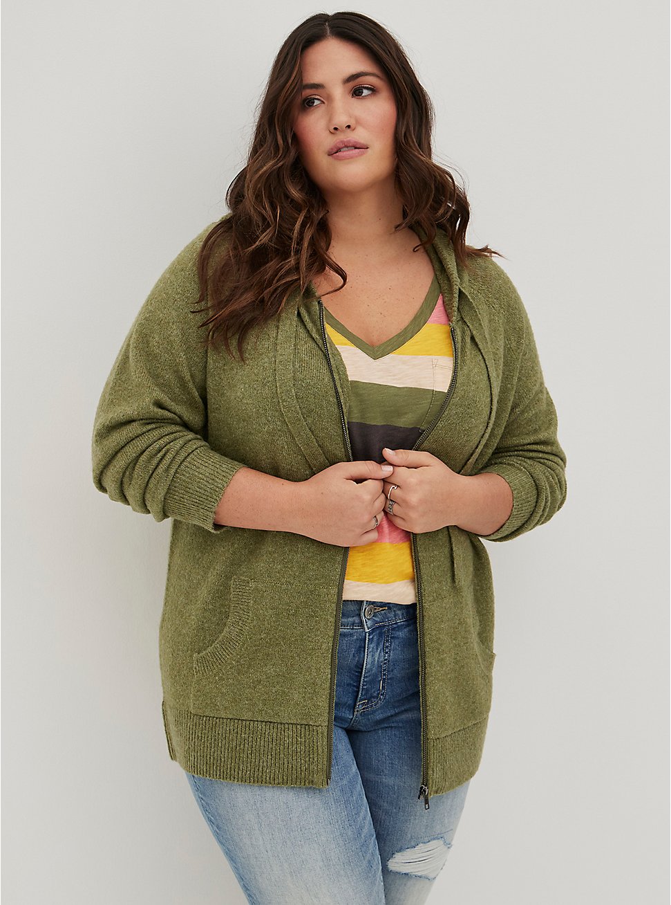 Raglan Zip Sweater Hoodie - Olive, OLIVE, hi-res
