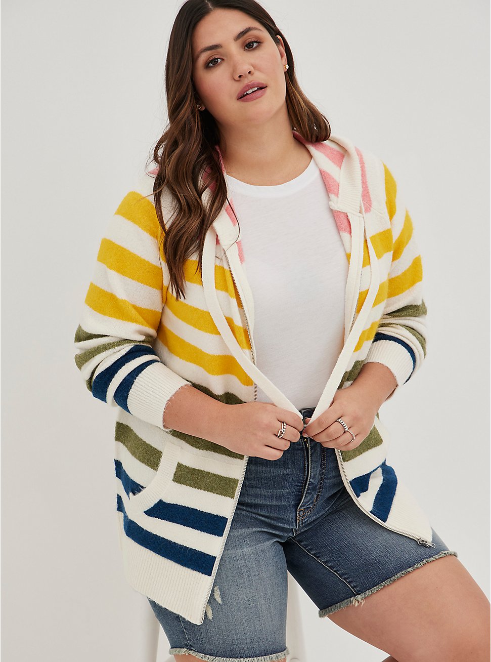 Plus Size Raglan Zip Sweater Hoodie - Multi Stripe, MULTI STRIPE, hi-res