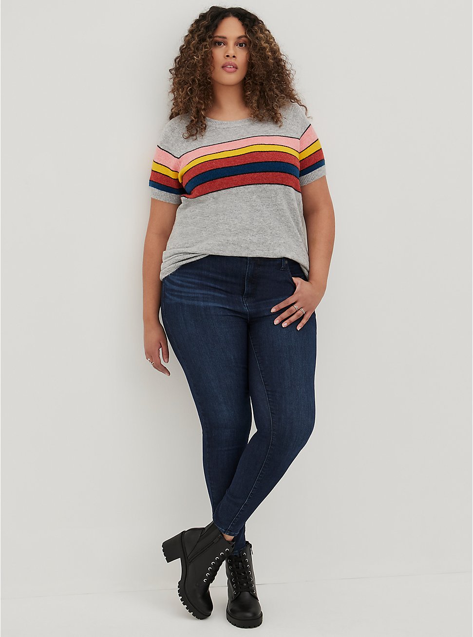 Plus Size Raglan Pullover Sweater - Stripes Grey, GRAY HTR, hi-res