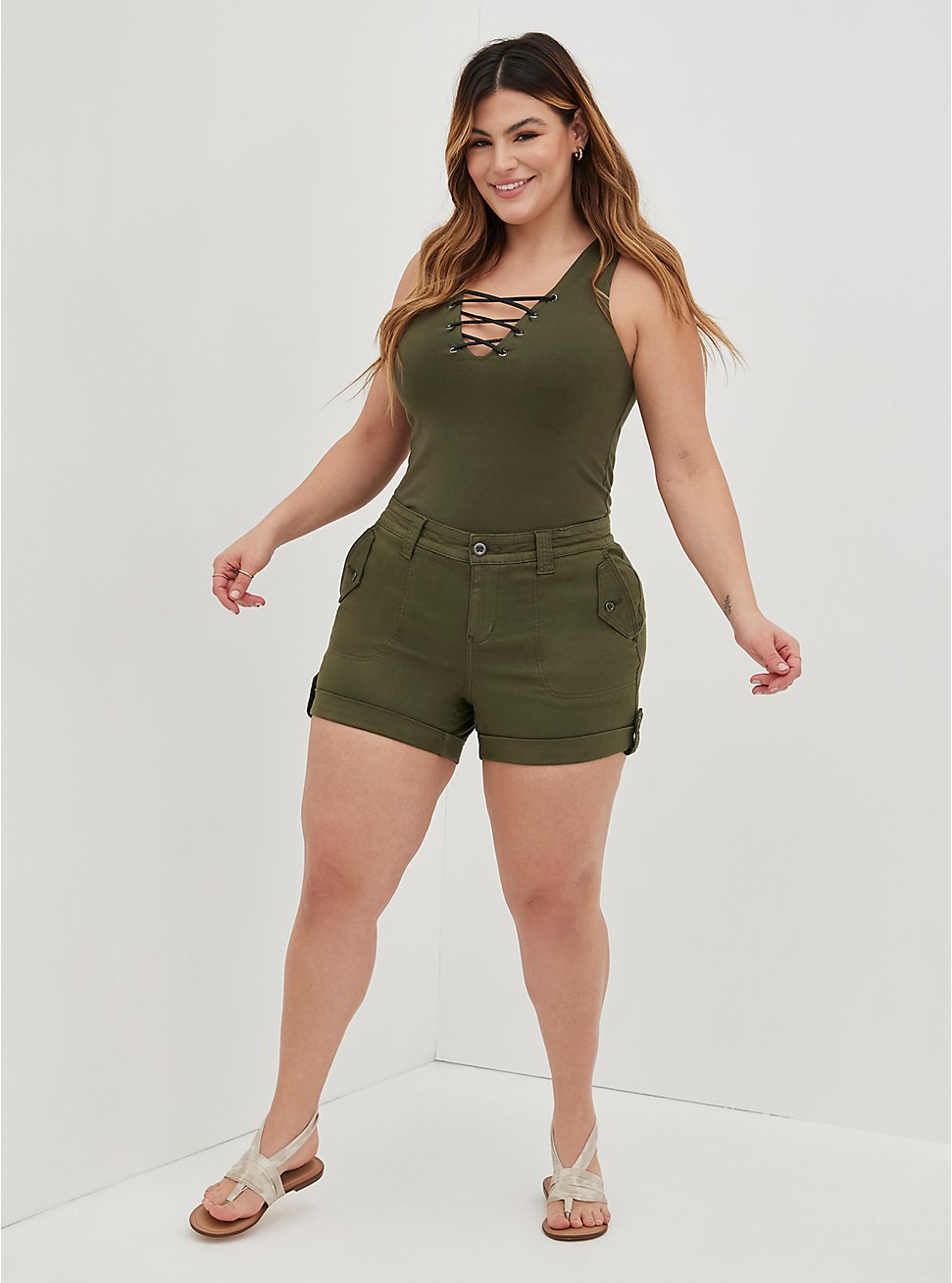 Plus Size Military Shortie Short - Twill Olive, DEEP DEPTHS, hi-res