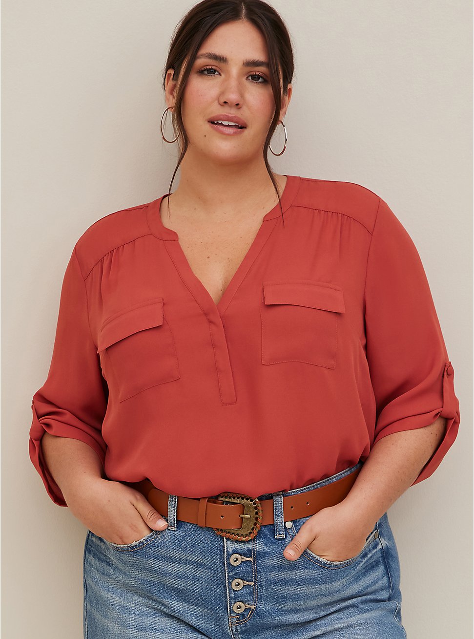 Plus Size Harper Pullover Blouse - Georgette Red, RUST, hi-res