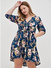 Hi-Low Shirt Dress - Stretch Challis Floral Blue, FLORAL - BLUE, hi-res