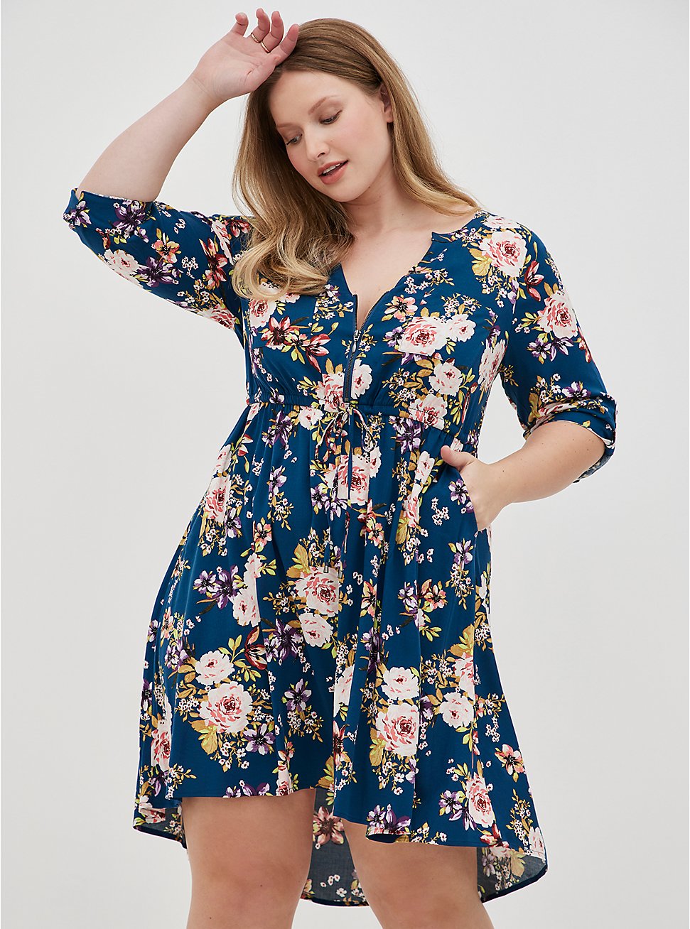 Hi-Low Shirt Dress - Stretch Challis Floral Blue, FLORAL - BLUE, hi-res