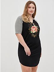 Plus Size Varsity T-Shirt Dress - Super Soft Flower Moon Black, DEEP BLACK, hi-res