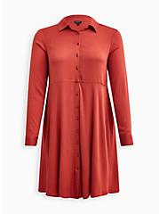 Plus Size Collared Shirt Dress - Stretch Challis Floral Rust, TANDOORI SPICE, hi-res