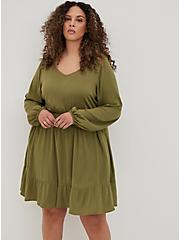 Plus Size Voluminous Mini Skater Dress - Textured Stretch Rayon Olive Wash, GREEN, alternate
