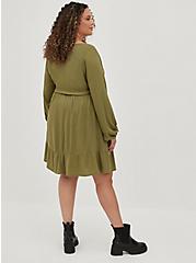 Voluminous Mini Skater Dress - Textured Stretch Rayon Olive Wash, GREEN, alternate