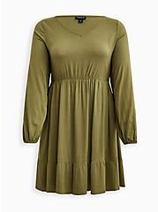 Plus Size Voluminous Mini Skater Dress - Textured Stretch Rayon Olive Wash, GREEN, hi-res