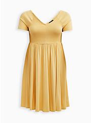 Plus Size Smocked V-Neck Skater Dress - Challis Yellow, SUNDRESS, hi-res