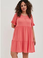 Plus Size Mini Textured Rayon Tiered Dress, CORAL, hi-res