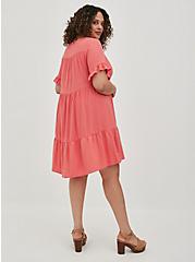 Tiered Mini Dress - Textured Stretch Rayon Coral, CORAL, alternate