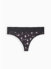 Wide Lace Trim Thong Panty - Cotton Stars Black, RAINBOW STARS, hi-res