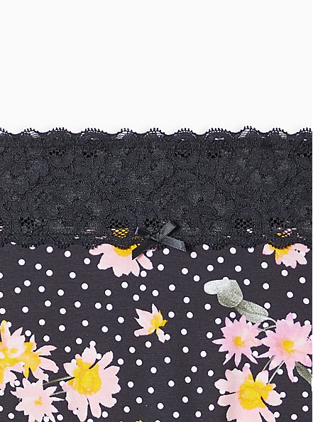 Plus Size Wide Lace Trim Boyshort Panty - Cotton Floral Black , DAISY DOTS FLORAL: BLACK, alternate