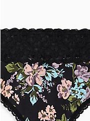 Plus Size Wide Lace Trim Thong Panty - Cotton Floral Black, PINK SWEAR FLORAL, alternate