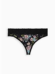 Plus Size Wide Lace Trim Thong Panty - Cotton Floral Black, PINK SWEAR FLORAL, hi-res