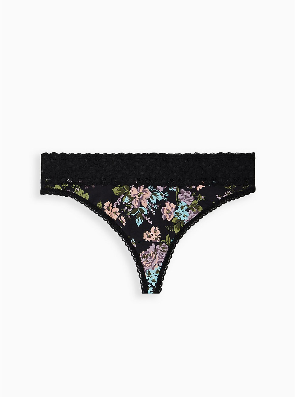 Plus Size Wide Lace Trim Thong Panty - Cotton Floral Black, PINK SWEAR FLORAL, hi-res