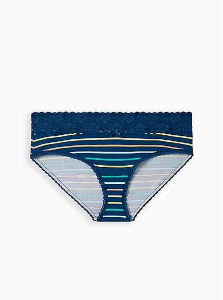 Plus Size Wide Lace Trim Hipster Panty - Cotton Stripe Blue, PERFECT STRIPE, hi-res