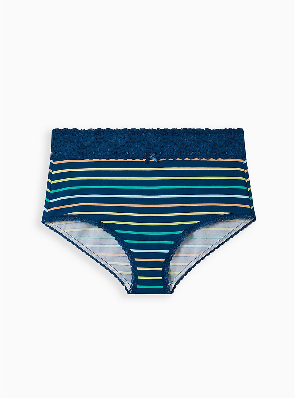 Plus Size Wide Lace Trim Brief Panty - Cotton Stripe Blue, PERFECT STRIPE, hi-res