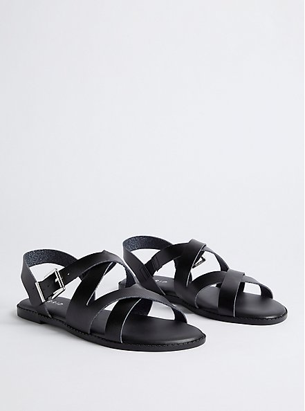 Plus Size Criss Cross Sandal - Faux Leather Black, BLACK, hi-res