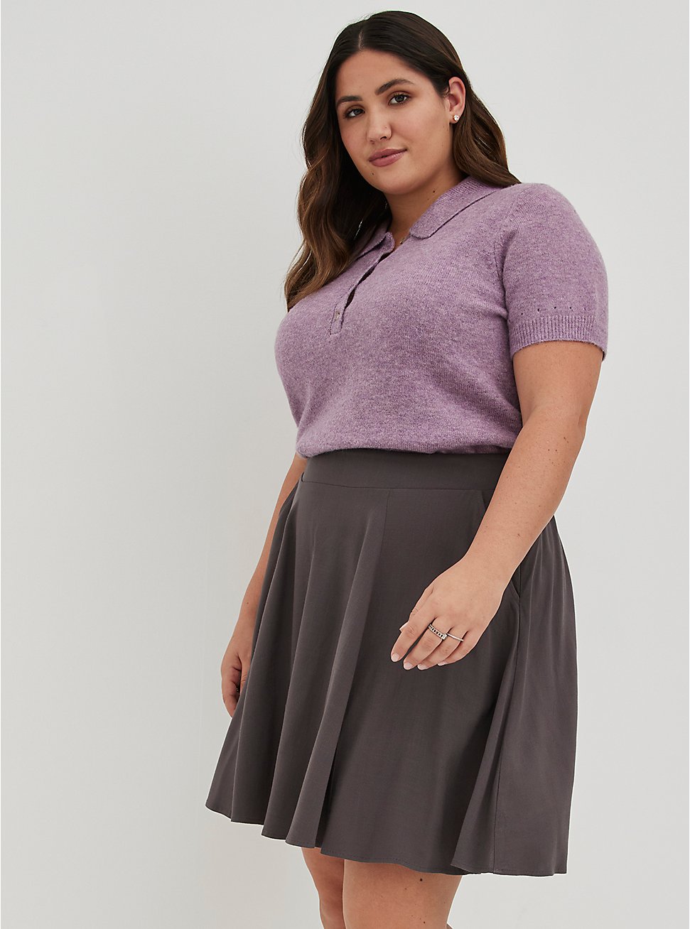 High Waist A-Line Skirt - Textured Stretch Rayon Grey, GREY, hi-res
