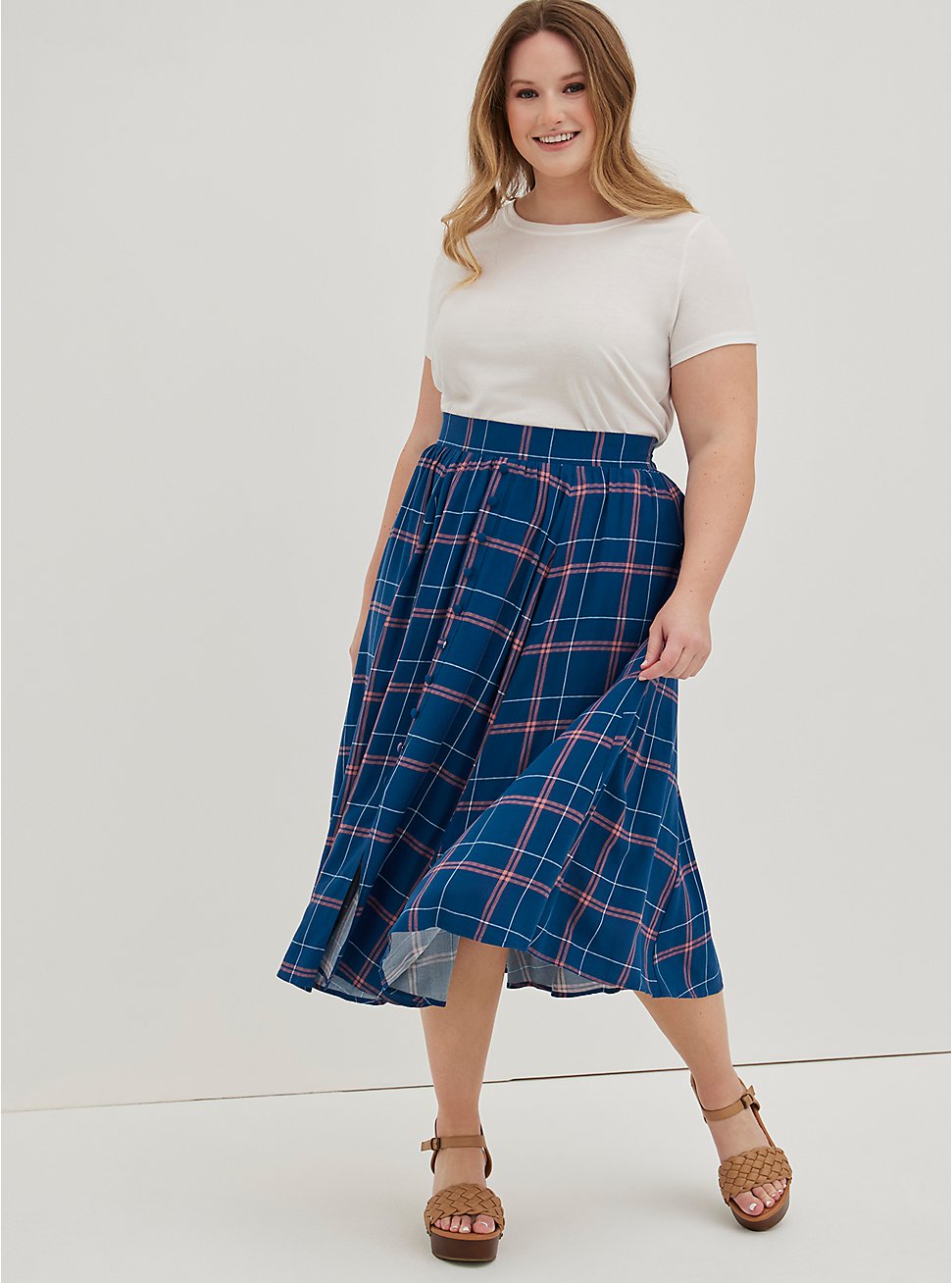 Plus Size Button Front Skirt - Challis Plaid Blue, PLAID - MULTI, hi-res