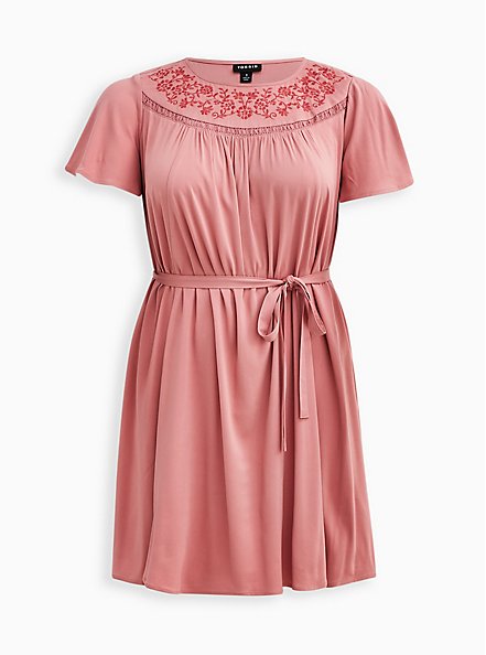 Plus Size Embroidered Flutter Dress - Challis Rose, DUSTY ROSE, hi-res