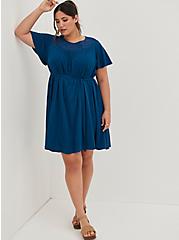 Plus Size Embroidered Flutter Dress - Challis Blue , POSEIDON, hi-res
