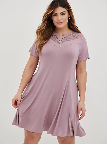 Plus Size Lace Inset Trapeze Dress - Super Soft Purple, PURPLE, alternate