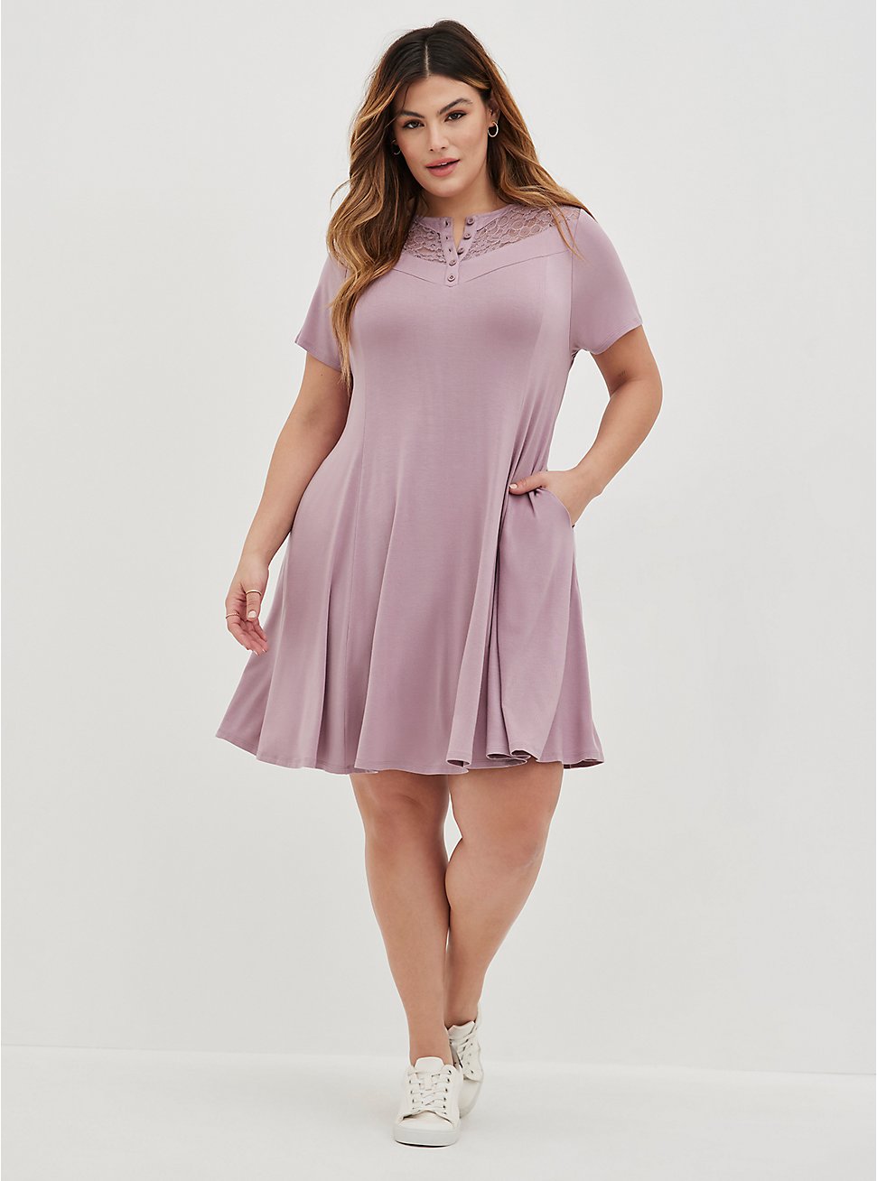 Plus Size Lace Inset Trapeze Dress - Super Soft Purple, PURPLE, hi-res