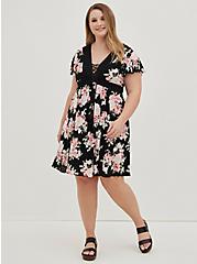 Plus Size Lace-Up Skater Dress - Gauze Floral Black, FLORAL - BLACK, alternate