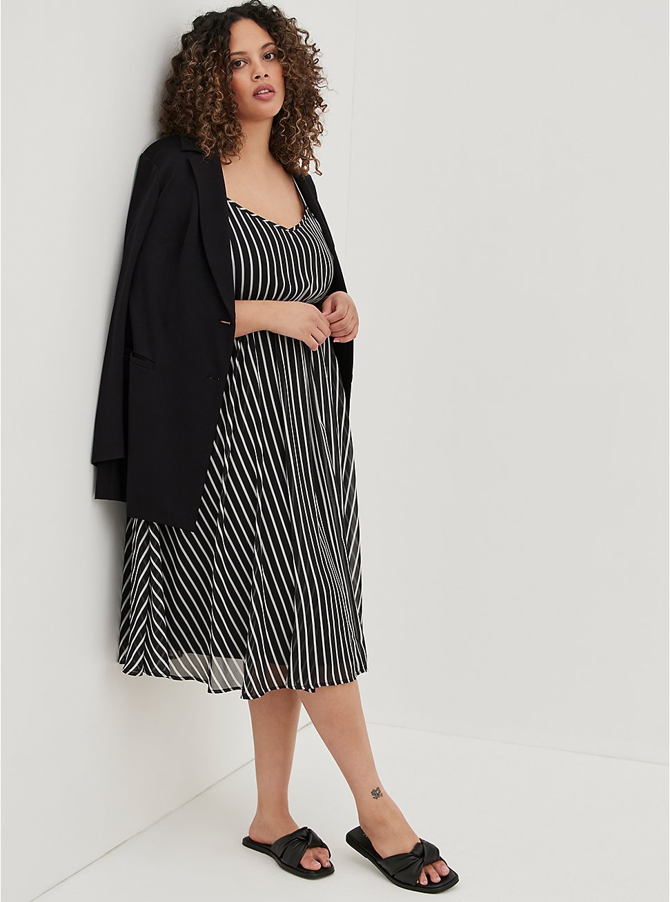 Pleated Midi Dress - Chiffon Stripe Black & White, STRIPE-BLACK WHITE, hi-res