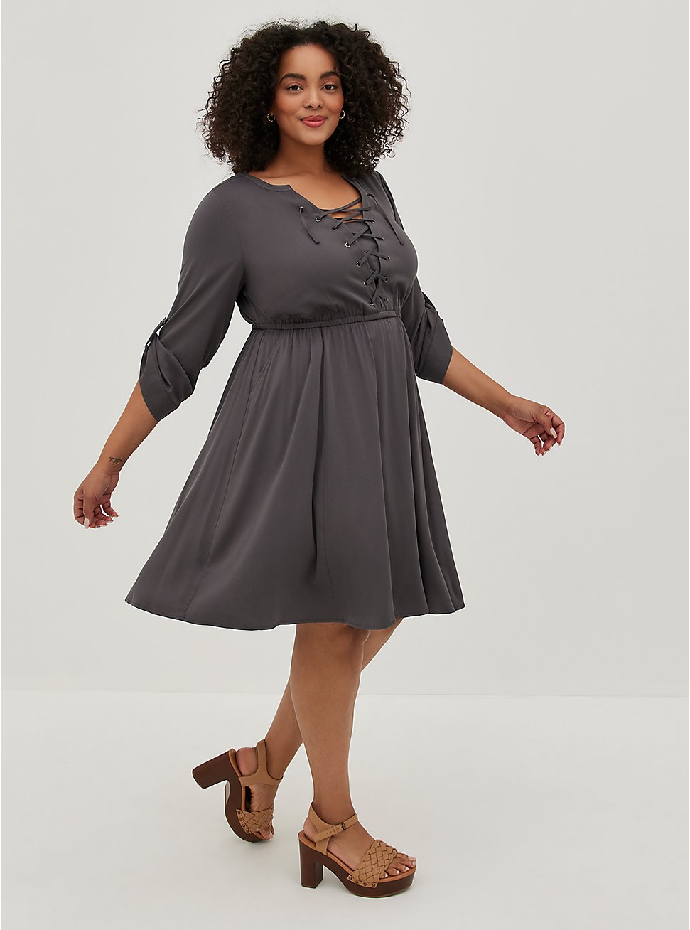 Plus Size Lace-Up Shirt Dress - Stretch Challis Grey, GREY, hi-res