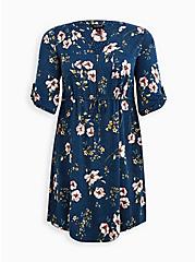 Zip-Front Shirt Dress - Stretch Challis Floral Blue , FLORAL - BLUE, hi-res