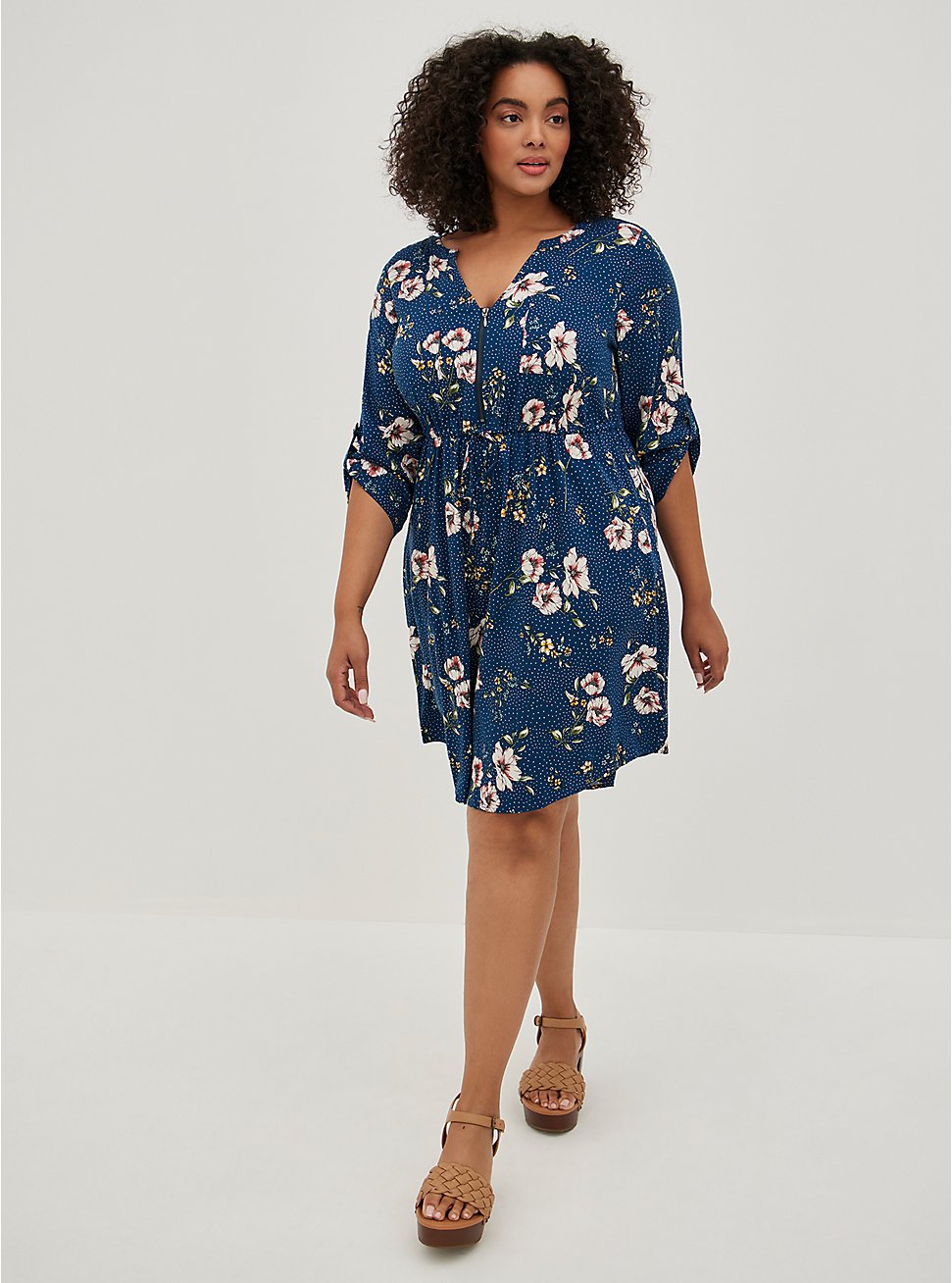 Zip-Front Shirt Dress - Stretch Challis Floral Blue , FLORAL - BLUE, hi-res