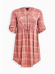 Plus Size Zip Front Shirt Dress - Stretch Challis Plaid Rose , PLAID - PINK, hi-res
